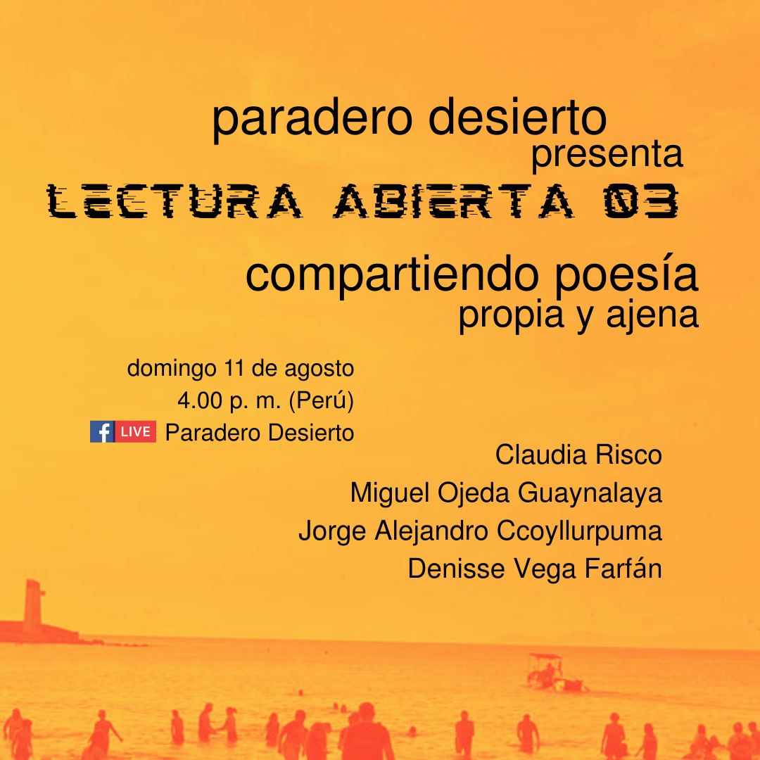 Flyer cuadrado con la información del taller y sus participantes: será el 11 de agosto de 2024 a las 4 PM; como fondo, tiene una playa color naranja con muchas personas