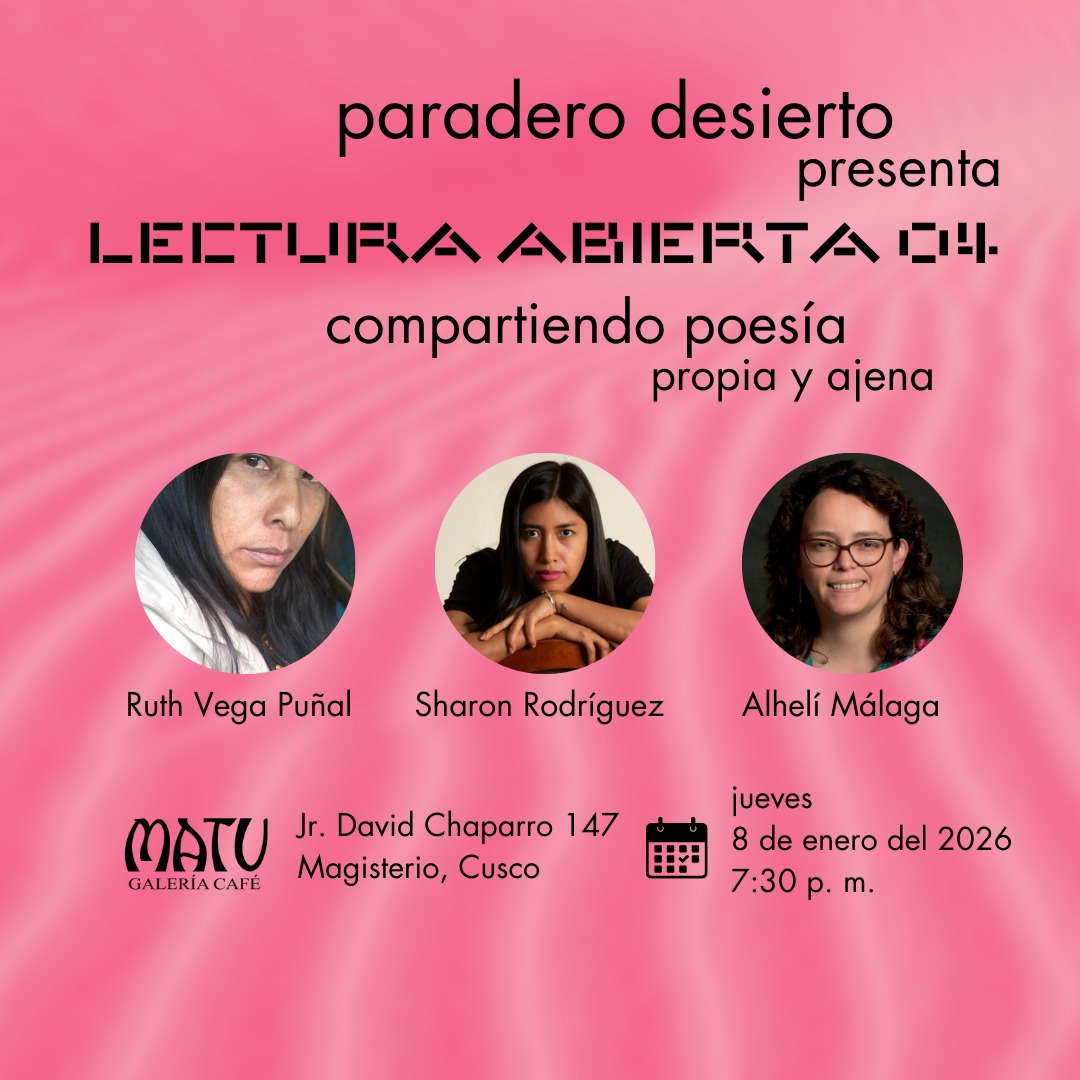 Flyer cuadrado con la información del taller y fotos de Ruth, Sharon y Alhelí.